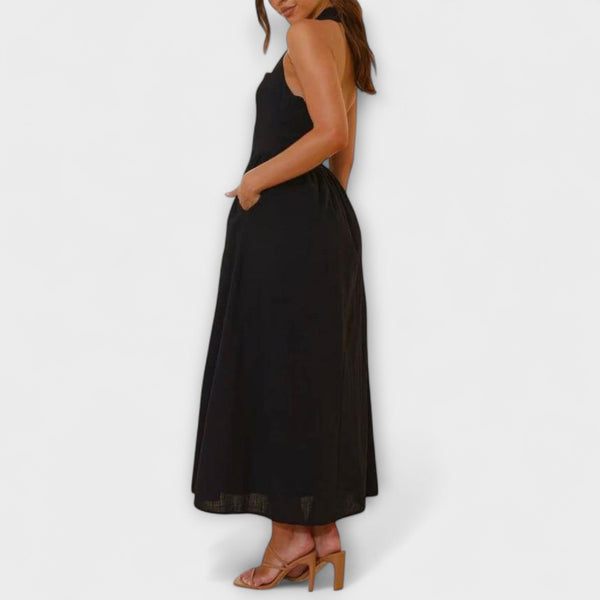 Lydia - Vestido Halter Negro de Largo Medio con Detalle en la Cintura