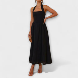 Lydia - Vestido Halter Negro de Largo Medio con Detalle en la Cintura