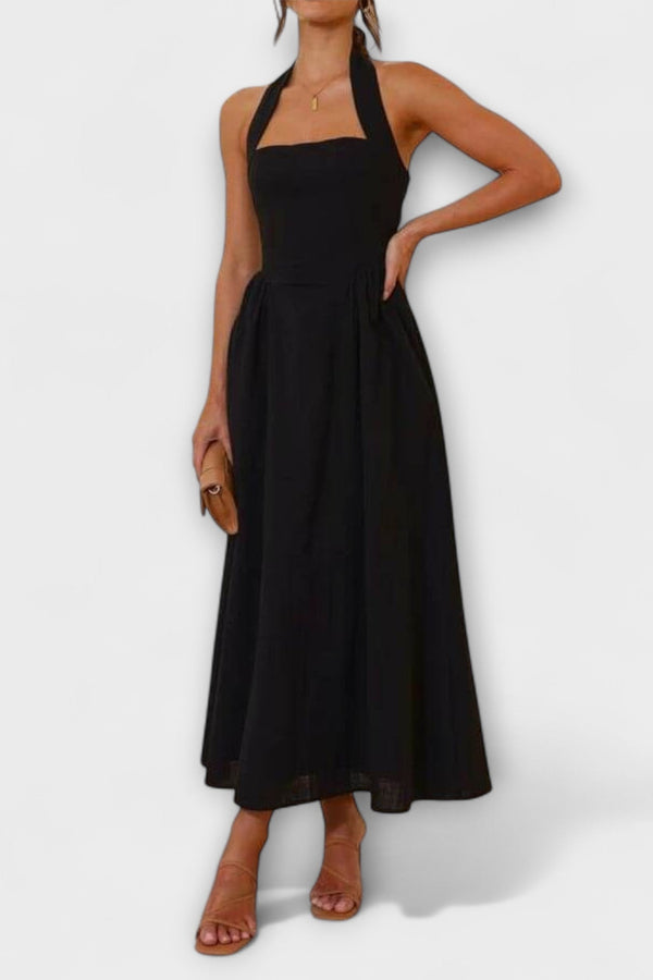 Lydia - Vestido Halter Negro de Largo Medio con Detalle en la Cintura