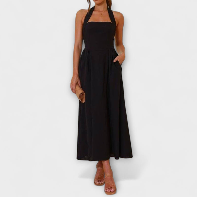 Lydia - Vestido Halter Negro de Largo Medio con Detalle en la Cintura