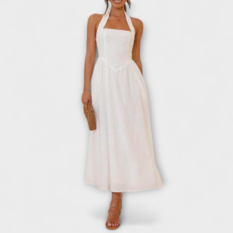 Lydia - Vestido Halter Negro de Largo Medio con Detalle en la Cintura