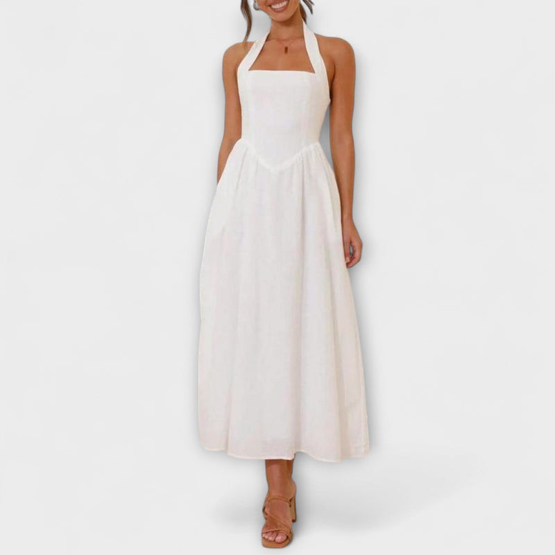 Lydia - Vestido Halter Negro de Largo Medio con Detalle en la Cintura