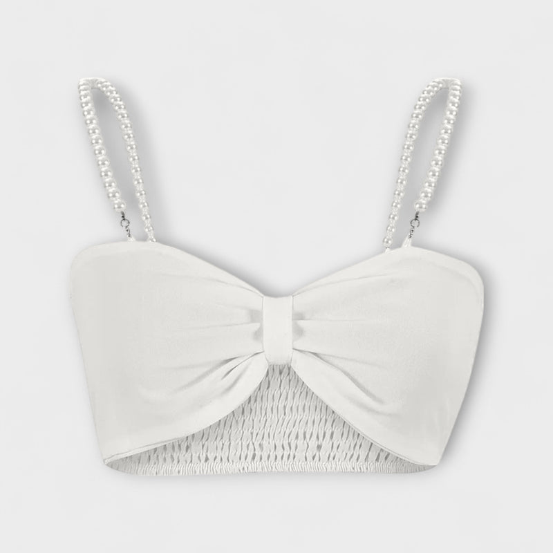 Evangeline - Blusa blanca con pliegues, pantalón ancho y cárdigan