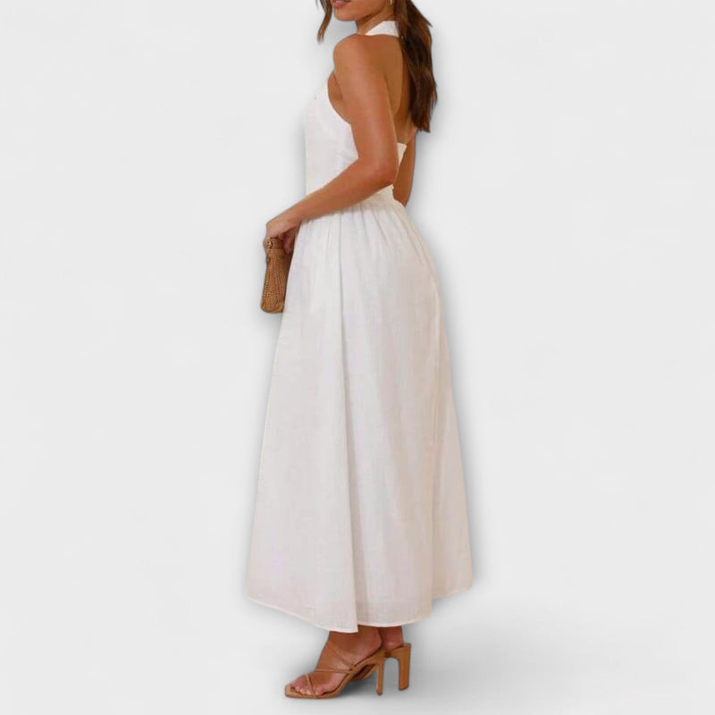 Lydia - Vestido Halter Negro de Largo Medio con Detalle en la Cintura