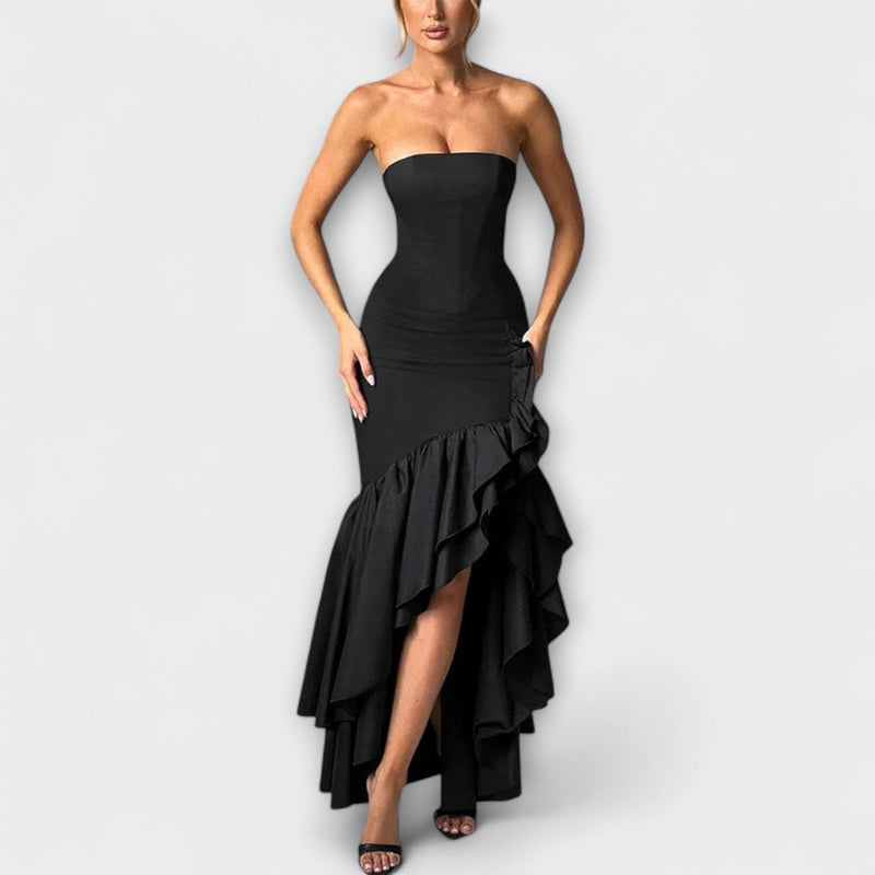 Zuri - Vestido Maxivestido Ajustado con Hombros Descubiertos y Dobladillo Asimétrico