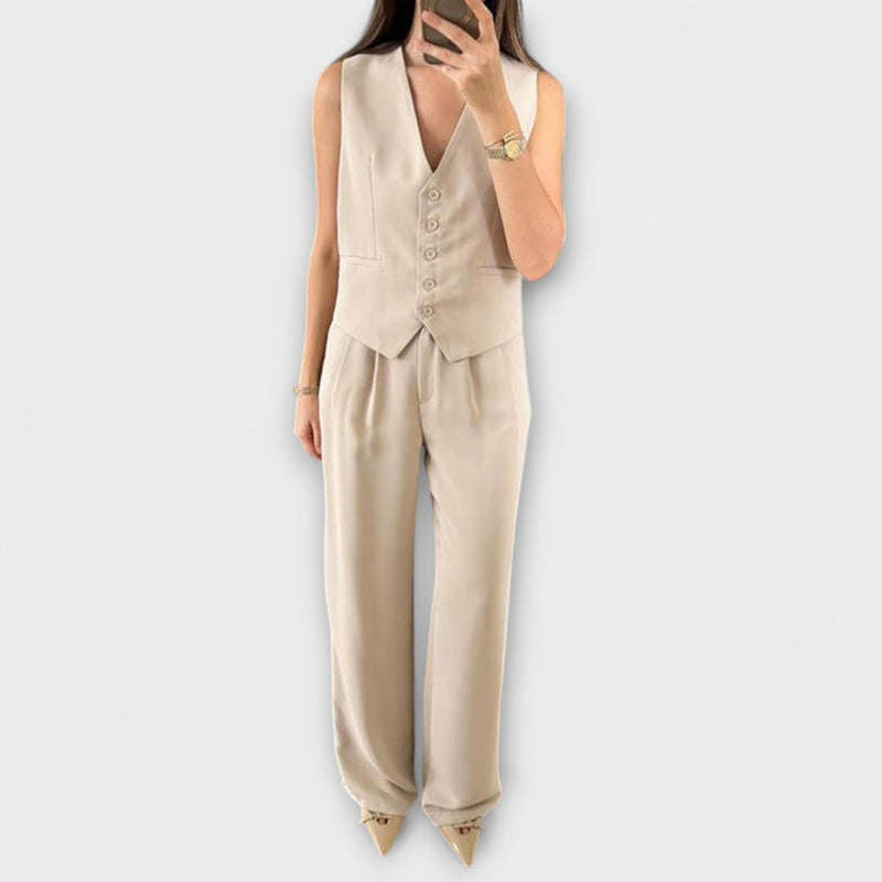 Hazel - Conjunto de dos piezas de chaleco y pantalones de color sólido con escote en V