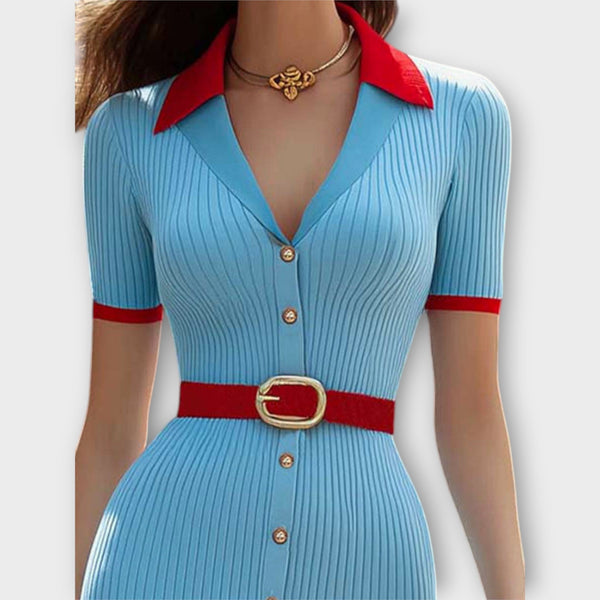 Sina - Elegante vestido de lápiz de canalé azul bebé