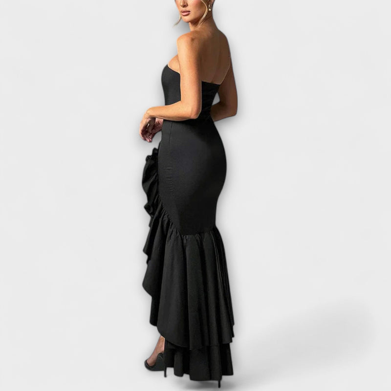 Zuri - Vestido Maxivestido Ajustado con Hombros Descubiertos y Dobladillo Asimétrico