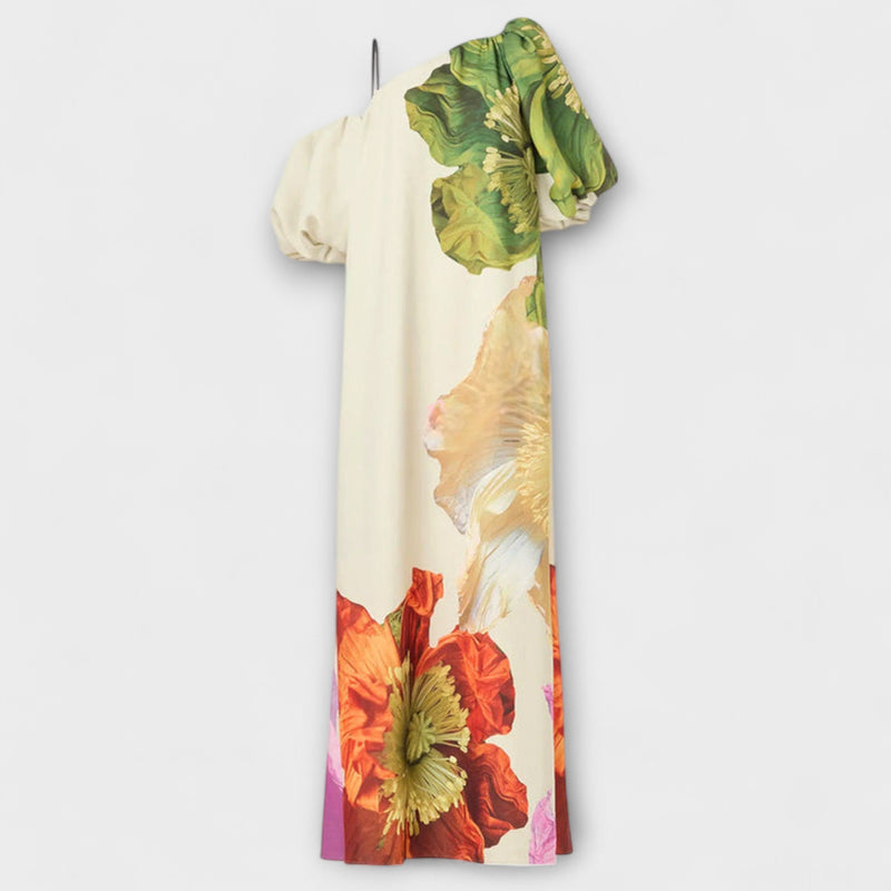 Skylar - Vestido maxi con estampado floral, escote asimétrico y mangas abullonadas