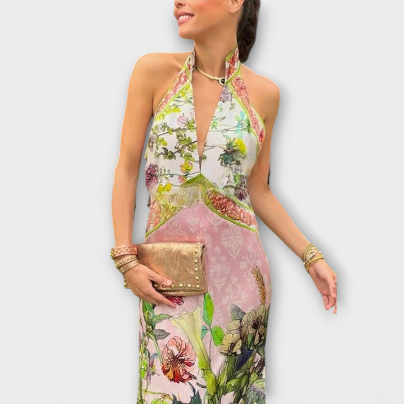 Ayla - Vestido Maxí Sin Mangas con Espalda Abierta de Flores
