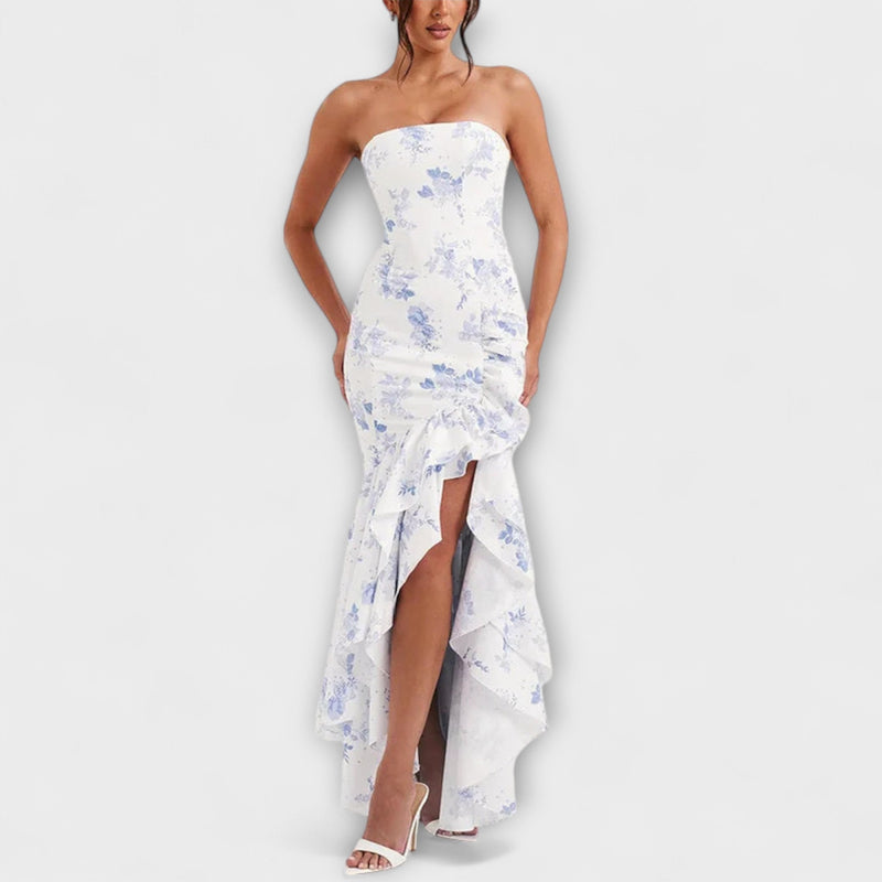 Zuri - Vestido Maxivestido Ajustado con Hombros Descubiertos y Dobladillo Asimétrico