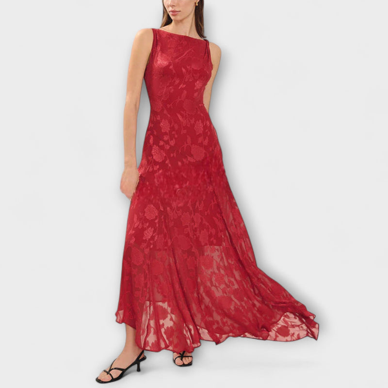 Ópalo - Elegante vestido maxi de jacquard con espalda descubierta