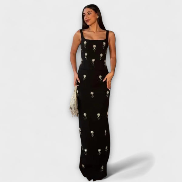 Avalon - Conjunto de top y falda con cremallera de perlas negras