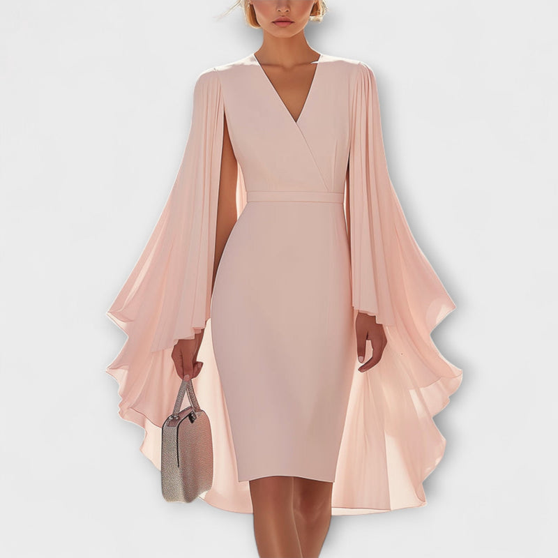 Rachel - Vestido midi color rosa con escote en V y mangas de gasa