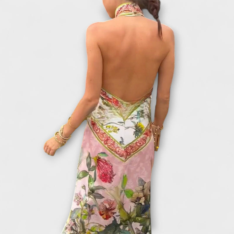 Ayla - Vestido Maxí Sin Mangas con Espalda Abierta de Flores